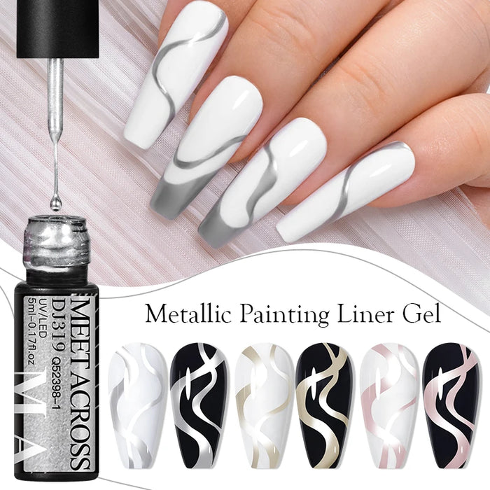 MEET ACROSS 5ml Sliver Metallic Liner Gel Nail Polish Super Bright Mirror Effect Painting Drawing Line Graffiti Stripe Nail Art