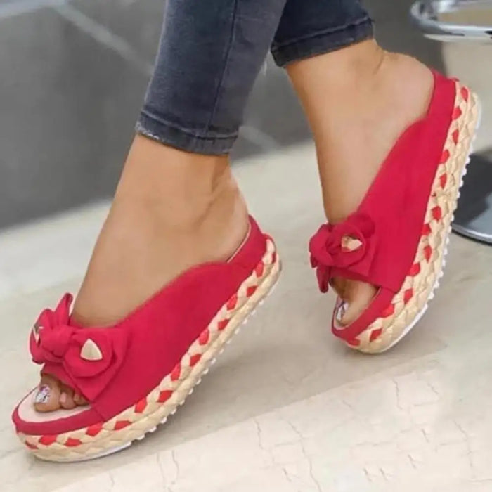 1 Pair Lady Sandals Braided Straps Round Toe Slip-on Casual Sandals Bowknot Decor Platform Women Slippers For Daily Life