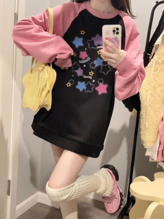 Deeptown Y2K Aesthetic Star Print Hoodies Women Harajuku Kpop Casual Oversized Sweatshirts Streetwear Loose Pullover Tops E-girl