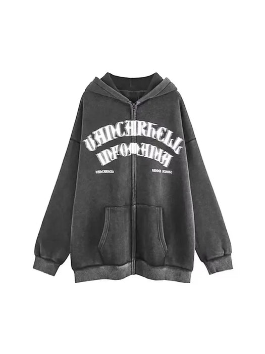 Deeptown Grunge Emo Zip Up Graphic Sweatshirts Oversize Gothic Punk Dark Letter Grey Hoodies Women Hip Hop Streetwear Loose Tops