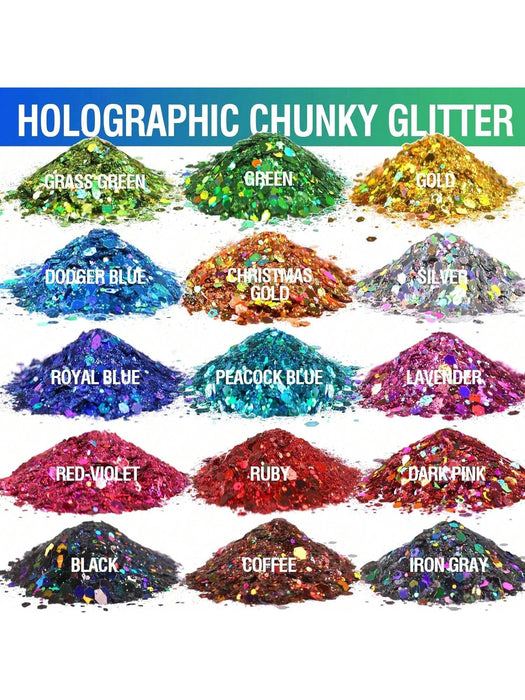 Holographic Chunky Glitter, 15 Colors Craft Glitter for Resin, Nail Glitter, Festival Cosmetic Eye Hair Face Body Glitter