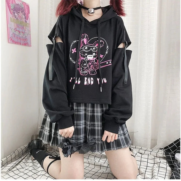 Spring Autumn New Hoodies Punk Gothic Patchwork Hollow Out Y2k Clothes Cartoon Print Casual Loose Preppy Style Crop Sweatshirts