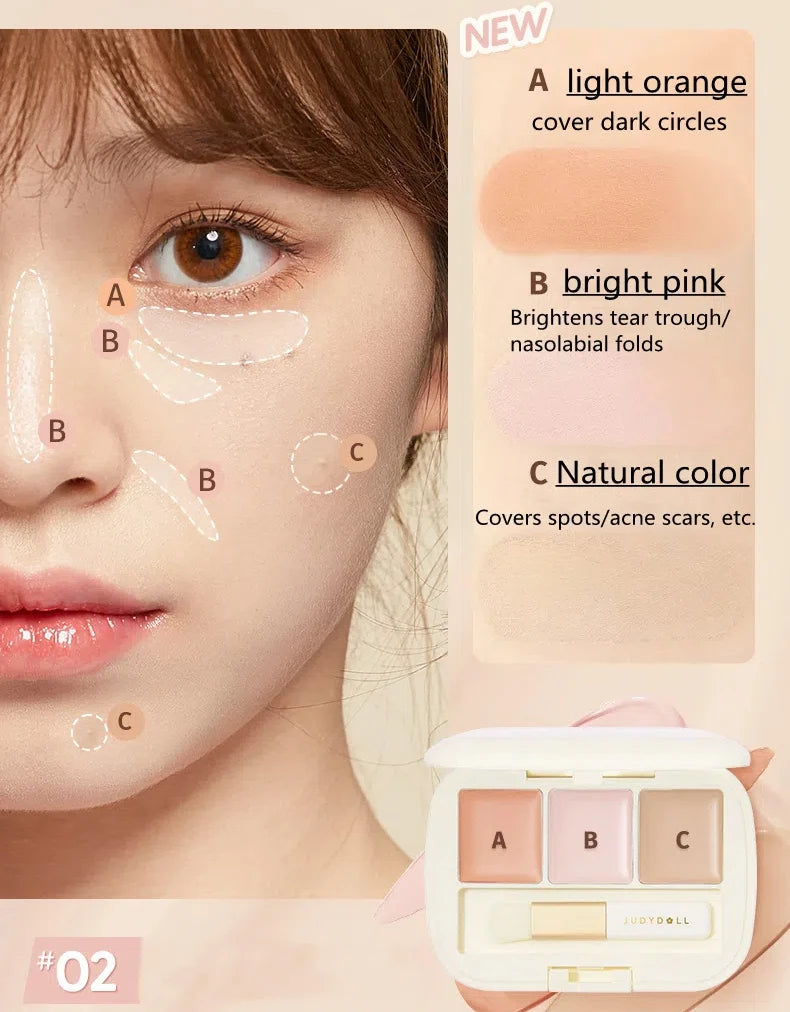 Judydoll Moisturizing Three-Color Concealer Palette High Coverage Long-Lasting Natural Waterproof Sweatproof Makeup Cosmetics