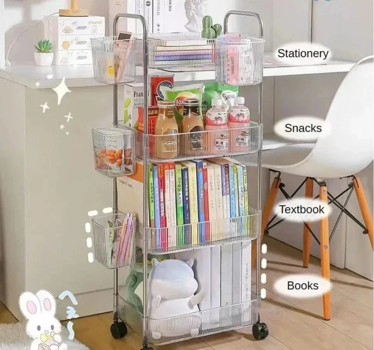 Light Luxury Storage Rack Trolley 2/3/4 Layers Transparent Acrylic Rolling Cart With Removable Hanging Baskets Snacks Bookshelf