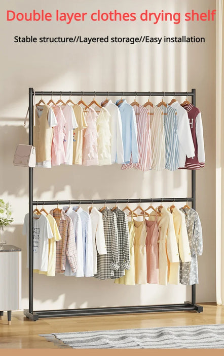 Clothing Rack Double Layers Folding Wardrobe With Wheels Placed On The Ground Living Room Shelf Home Furniture Drying Coat Rack