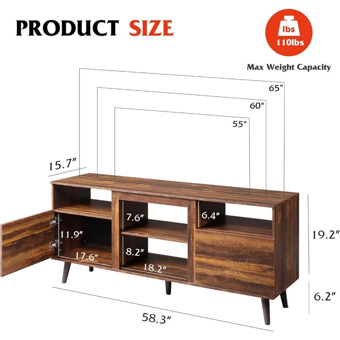 TV Stand for 65" TV, TV Console Cabinet, Open Shelves Entertainment Center for Living Room and Bedroom, Retro Brown