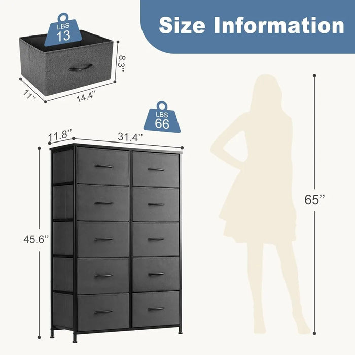 Dresser for Bedroom Storage Drawers Fabric Storage Tower with 10 Drawers Chest of Drawers and Fabric Bins Sturdy Metal Frame