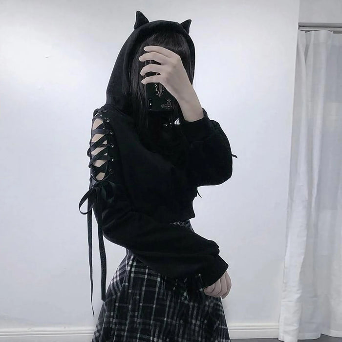 Y2k Gothic Off Shoulder Cat Ear Pullover For Women Hollow-Out Lace Up Sweatshirt Kpop Crop Tops Long Sleeve Hooded Hoodie 2023