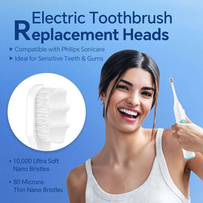 Ultra Soft Brush Heads Compatible with Philips Sonicare Electric Toothbrush for Sensitive Teeth and Gums Care with Nano Bristles