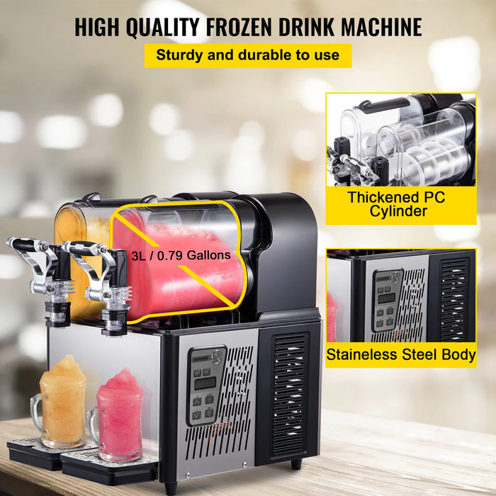 VEVOR Commercial Slushy Machine, 3LX2 Tank Slush Drink Maker, 370W Frozen Drink Machine with Temperature Preservation, Black