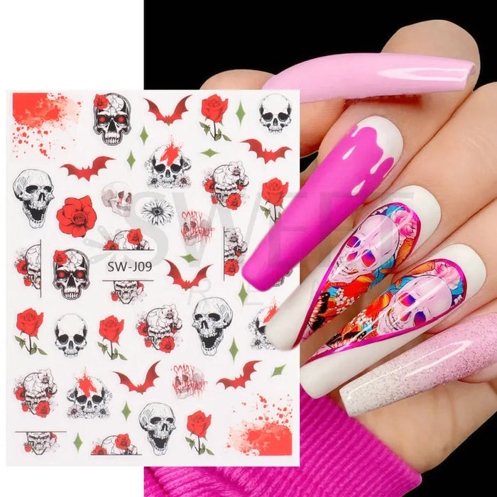 3D Halloween Nail Stickers Decals Skull Flower Evil Eyes Spider Pumpkin Bat Horror Theme Manicure Slider DIY Nail Art BESWJ07-18