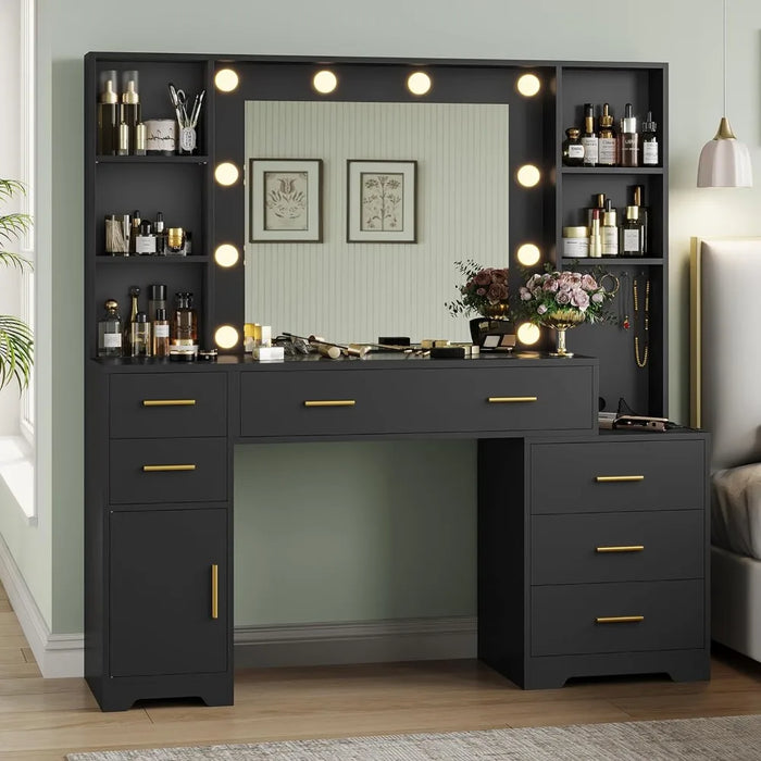 48.8'' Large Vanity Desk with Lighted Mirror & Power Outlet, Black Makeup Vanity Table with 6 Drawers, 4 Shelves and 1 Storage