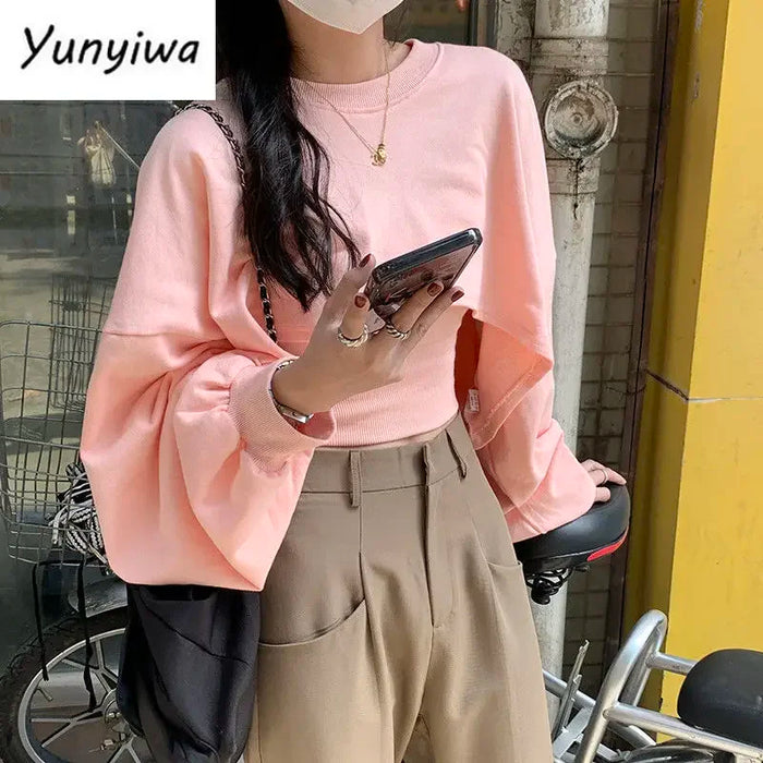 Women Causal Sweatshirts Loose Solid Crop Tops Hip Hop Dance O-neck Hoodies Baggy High Street Long Sleeve Bolero 2 Pieces Sets