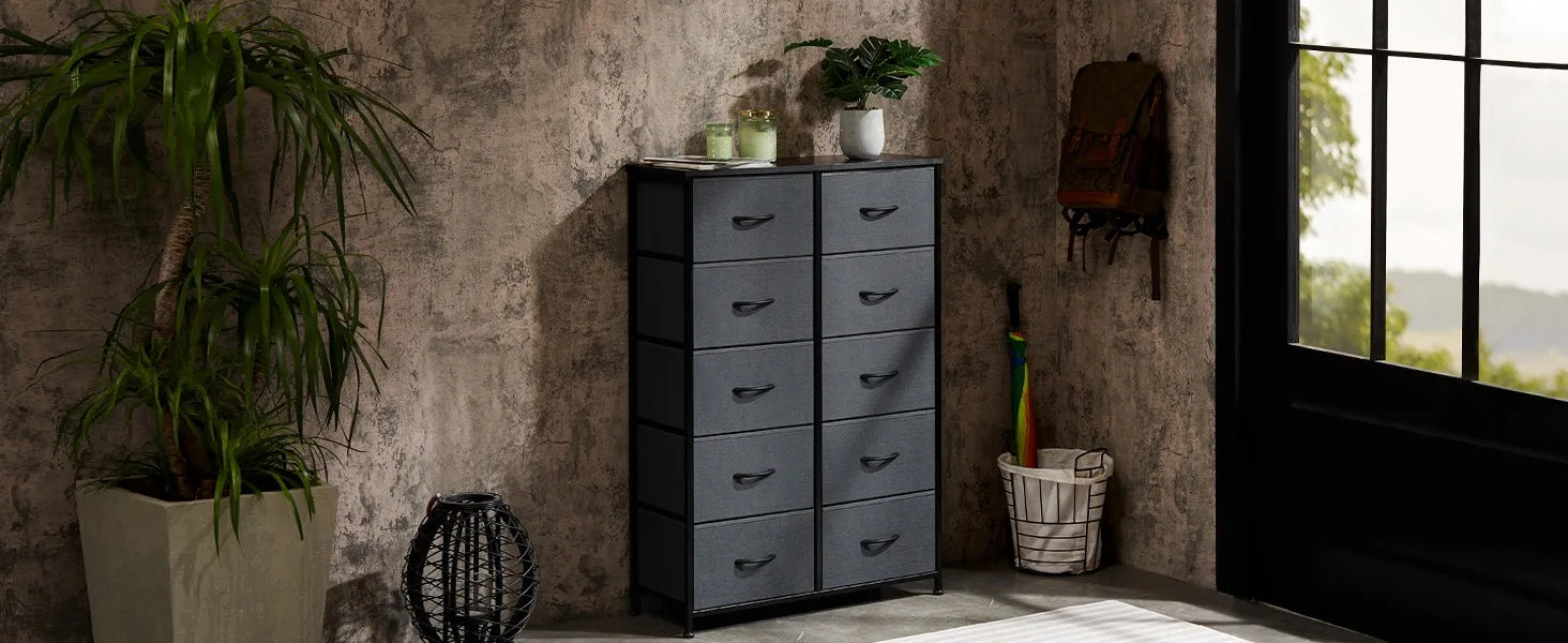 Dresser for Bedroom Storage Drawers Fabric Storage Tower with 10 Drawers Chest of Drawers and Fabric Bins Sturdy Metal Frame