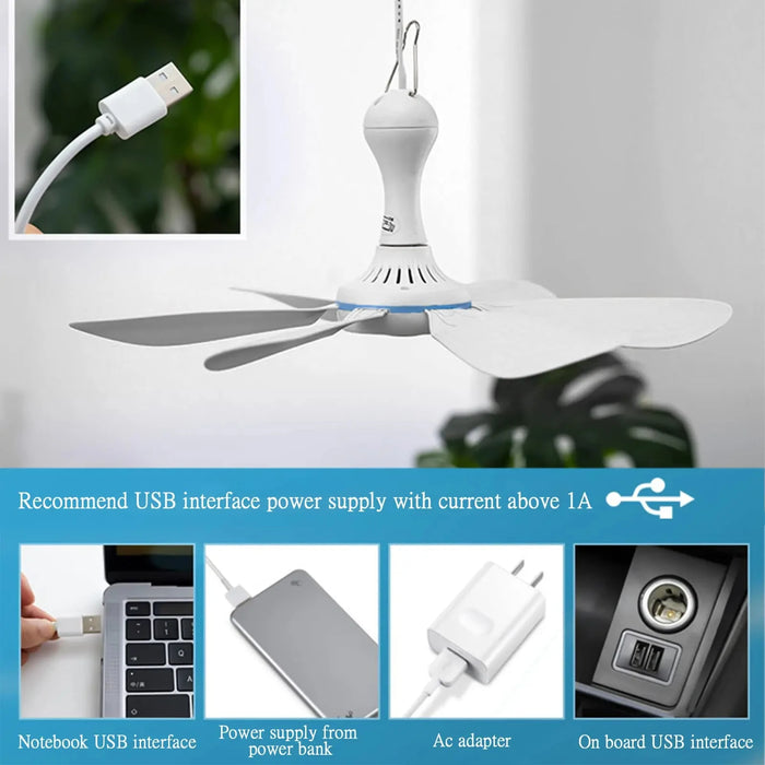 Silent 6 Leaves USB Powered Ceiling Canopy Fan with Remote Control Timing 4 Speed Hanging Fan for Camping Bed Dormitory Tent New