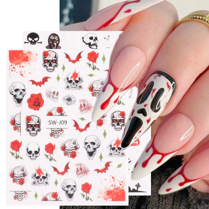 3D Halloween Nail Stickers Decals Skull Flower Evil Eyes Spider Pumpkin Bat Horror Theme Manicure Slider DIY Nail Art BESWJ07-18