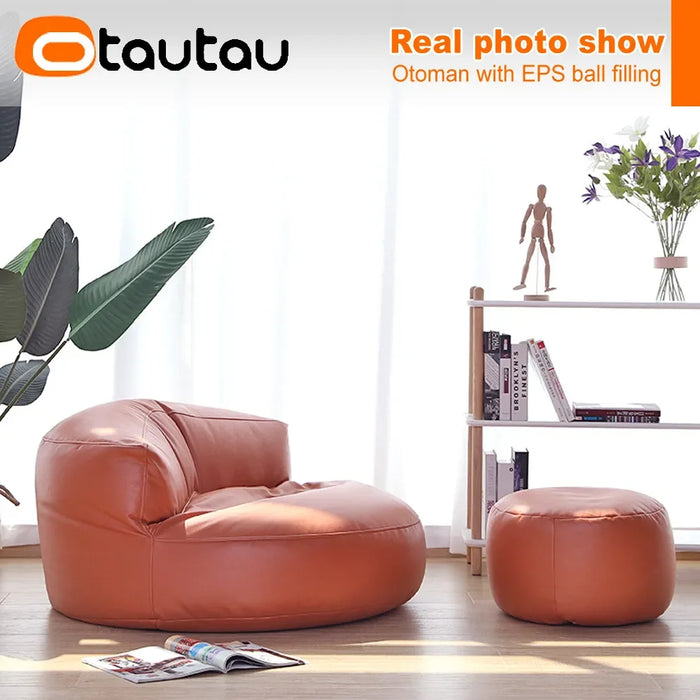 OTAUTAU Small Round Faux Leather Ottoman Stool Beanbag Pouf Footstool Stuffed Bean Bag Footrest Floor Corner Seat Puff JD004