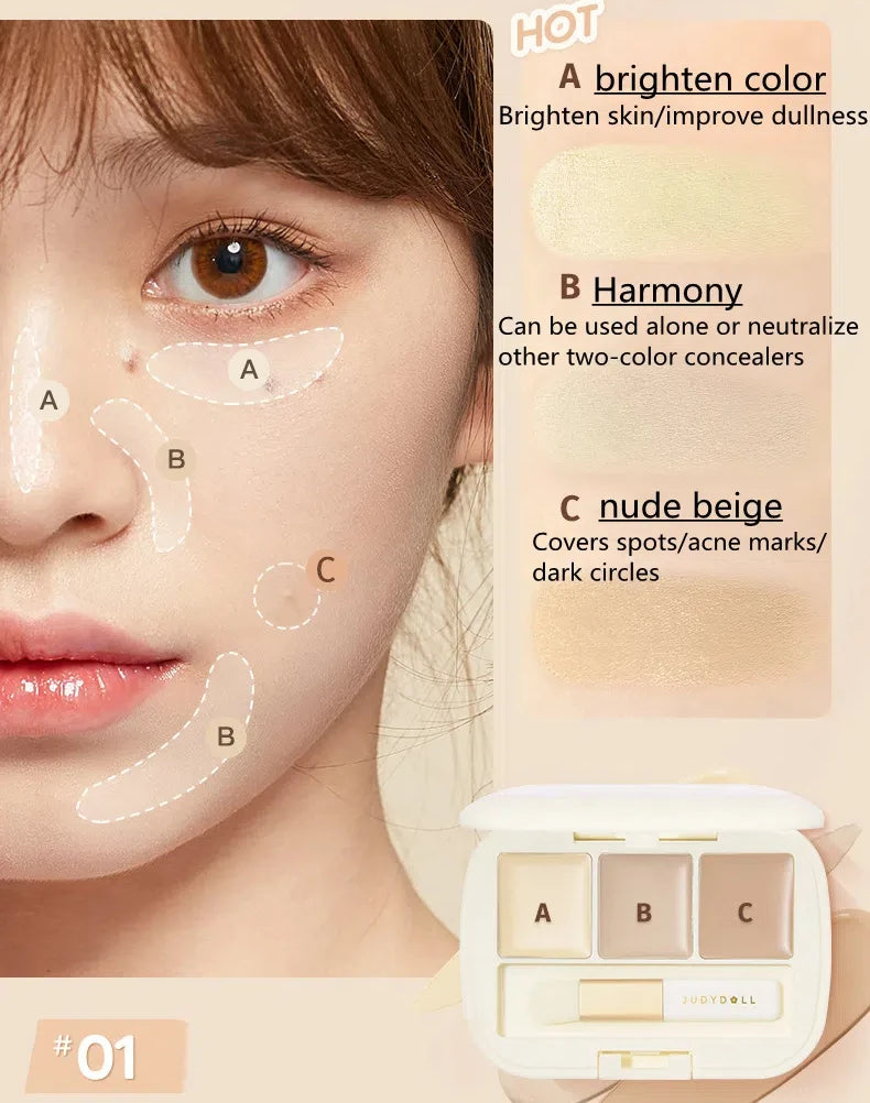 Judydoll Moisturizing Three-Color Concealer Palette High Coverage Long-Lasting Natural Waterproof Sweatproof Makeup Cosmetics