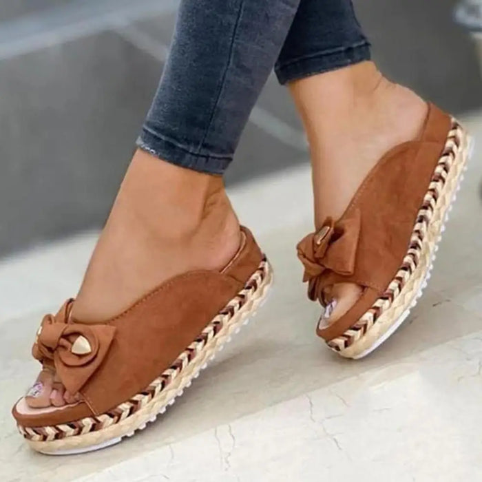 1 Pair Lady Sandals Braided Straps Round Toe Slip-on Casual Sandals Bowknot Decor Platform Women Slippers For Daily Life