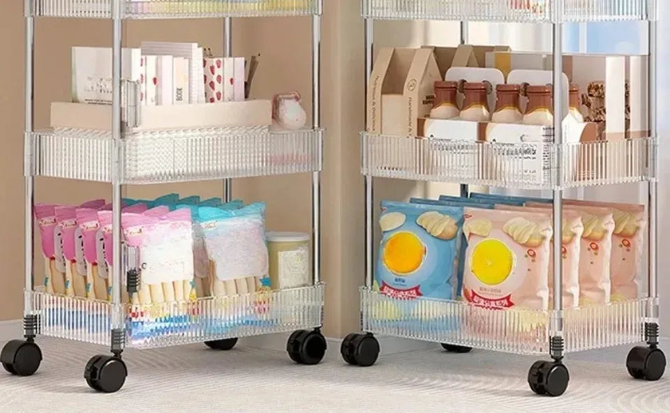 Light Luxury Storage Rack Trolley 2/3/4 Layers Transparent Acrylic Rolling Cart With Removable Hanging Baskets Snacks Bookshelf