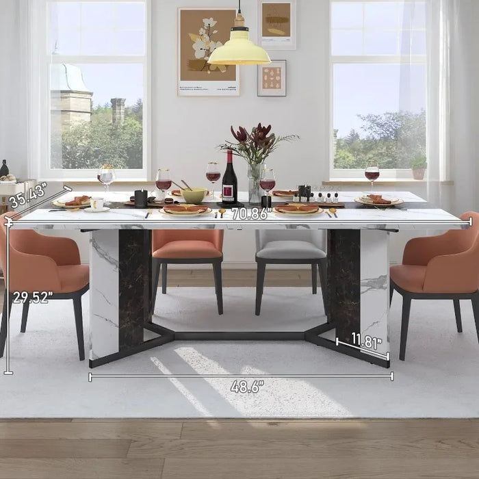 71" Large Luxurious Rectangular White Dining Table for 6 8 10 People W/Marble-Color Wood Tabletop,Metal Adjustable Leg