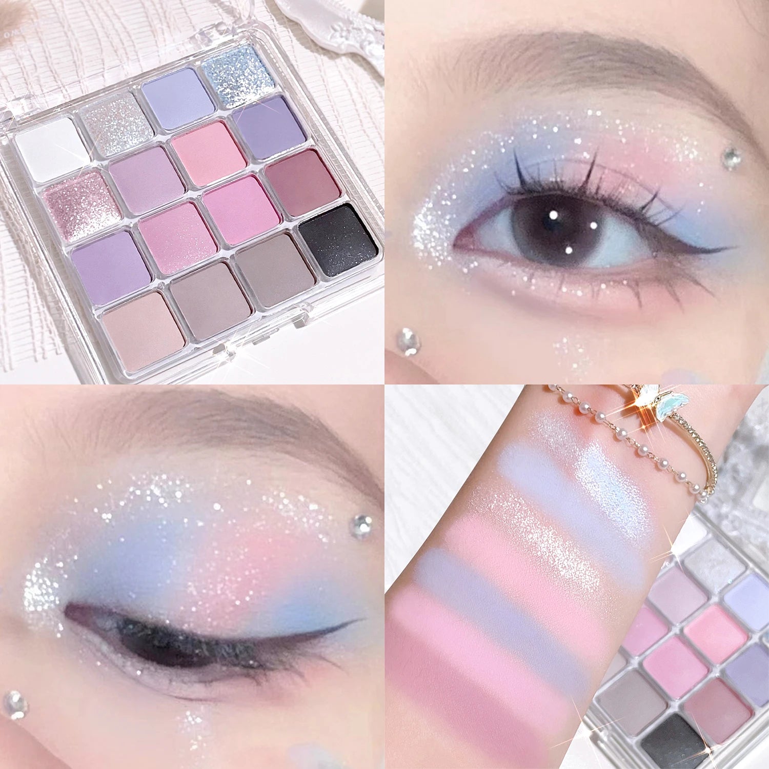 16 color eyeshadow palette - Glitter, matte and shimmer finish in gentle fall and winter tones of blue, brown, coral and pink