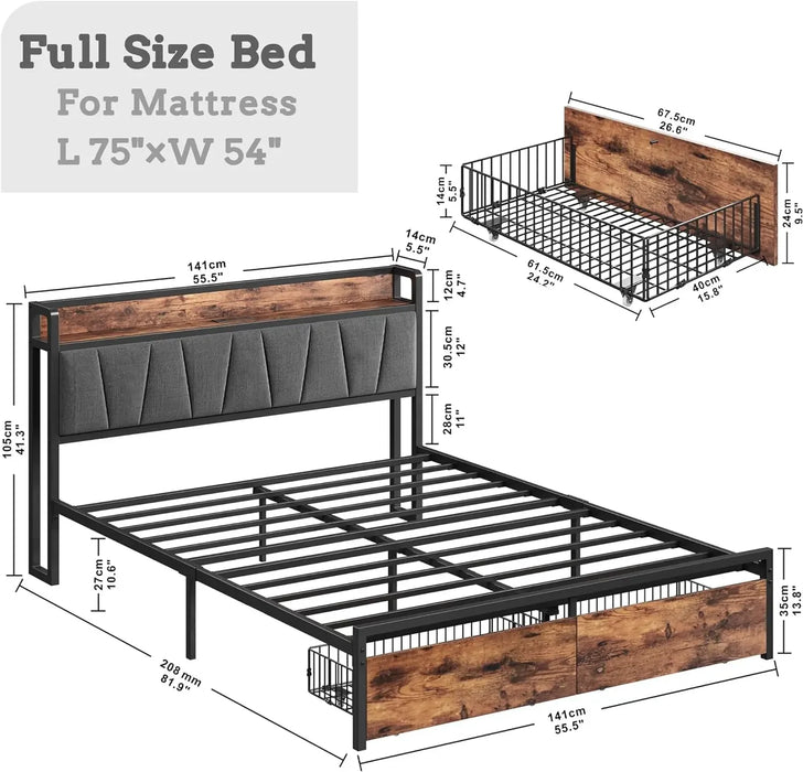 King size bed frame,storage headboard with charging station,platform bed with drawers,no need for a box spring, easy to assemble