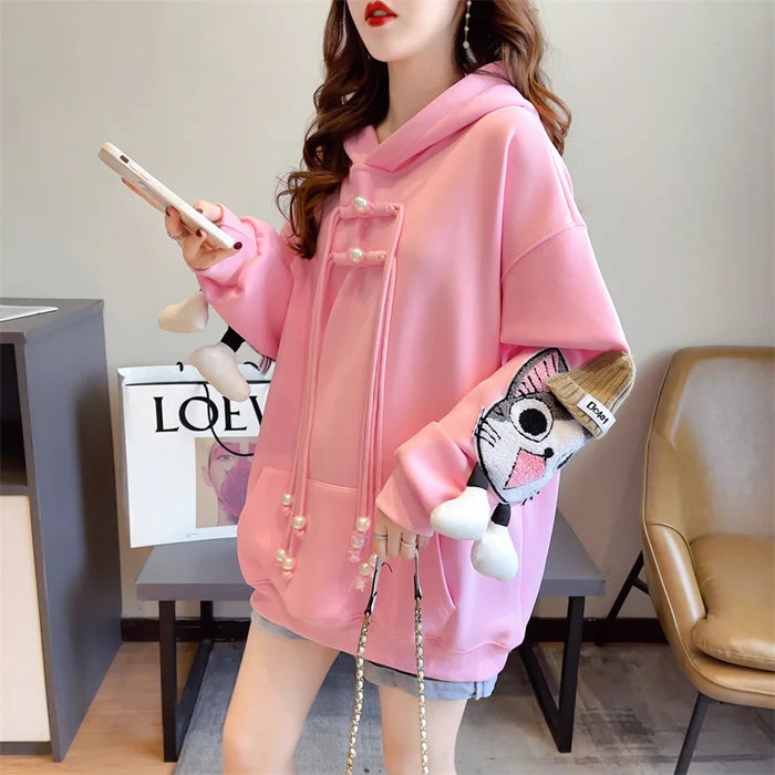 Cute Cat Hoodies Women Fashion Loose Sweatshirts Autumn Winter Female Casual Embroidery Hooded Long Sleeve Tops Streetwear