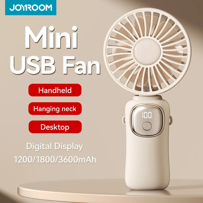 Joyroom USB Rechargeable 3600 mAh Mini Fan Handheld Foldable Portable Neck Hanging Fan 5 Speeds with Phone Stand Display Screen