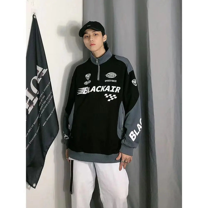 American retro street alphabet print stitching stand collar sweater men and women spring and autumn tide brand sports top