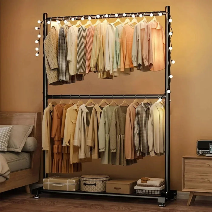 Clothing Rack Double Layers Folding Wardrobe With Wheels Placed On The Ground Living Room Shelf Home Furniture Drying Coat Rack