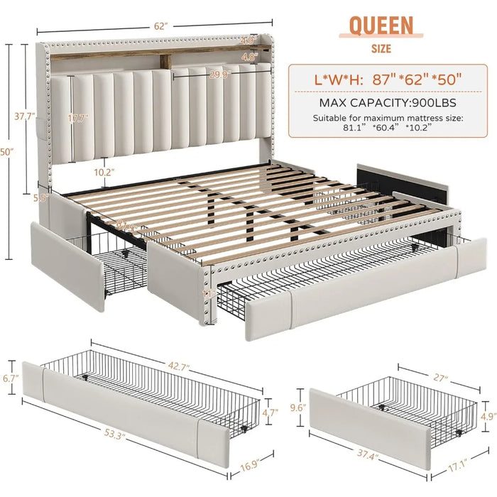 Queen Bed Frame,Upholstered Platform Bed Frame Queen Size with 3 Storage Drawers,Queen Size Bed Frame with Storage