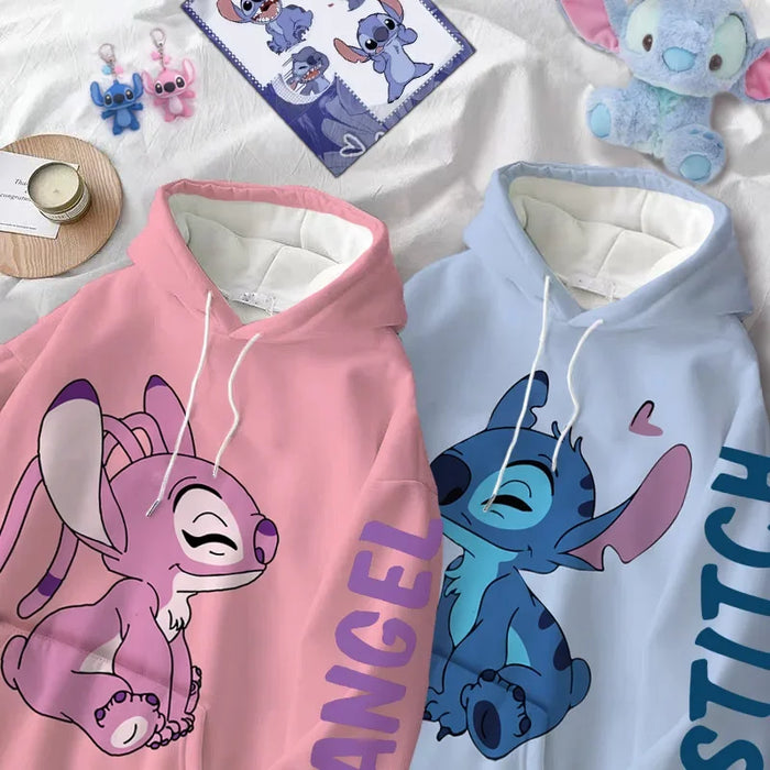 Disney Hoodie Fashion Stitch Angel Monster Letter Cartoon Sweatshirt Pullover Cute Harajuku Unisex Women's Pocket Top