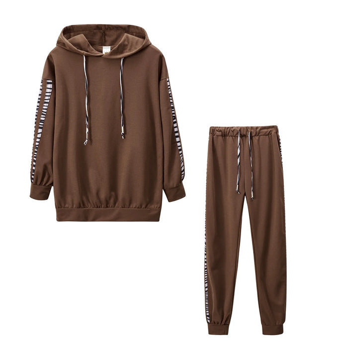 Striped Casual Two-piece Set  Drawstring Hooded Drop Shoulder Tops & Long Length Loose Pants Set, Women's Clothing