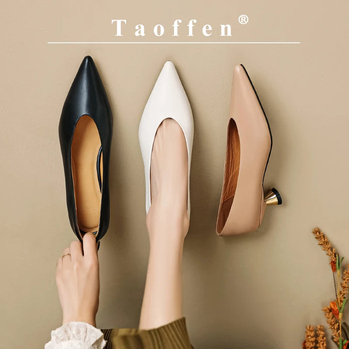 Taoffen Spring/Autumn Women's Pumps Real Leather Pointed toe High Heel Fashion Slip On Thin Heels Solid Casual Office Lady Shoes