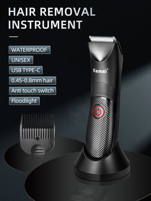 Kemei Electric Hair Clipper Professional Sensitive Area Haircuts Machine IPX7 Waterproof Body Trimmer with Charging Base KM-1838