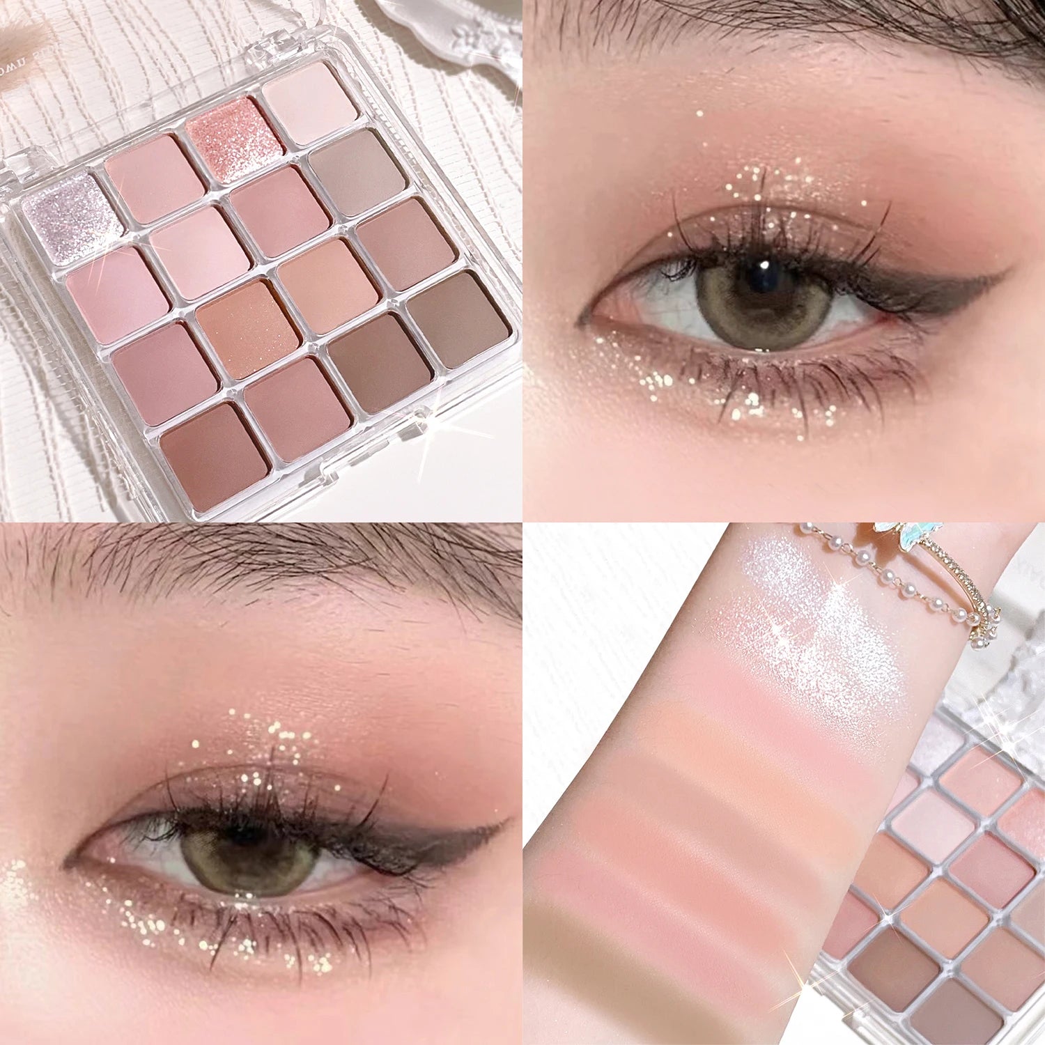 16 color eyeshadow palette - Glitter, matte and shimmer finish in gentle fall and winter tones of blue, brown, coral and pink