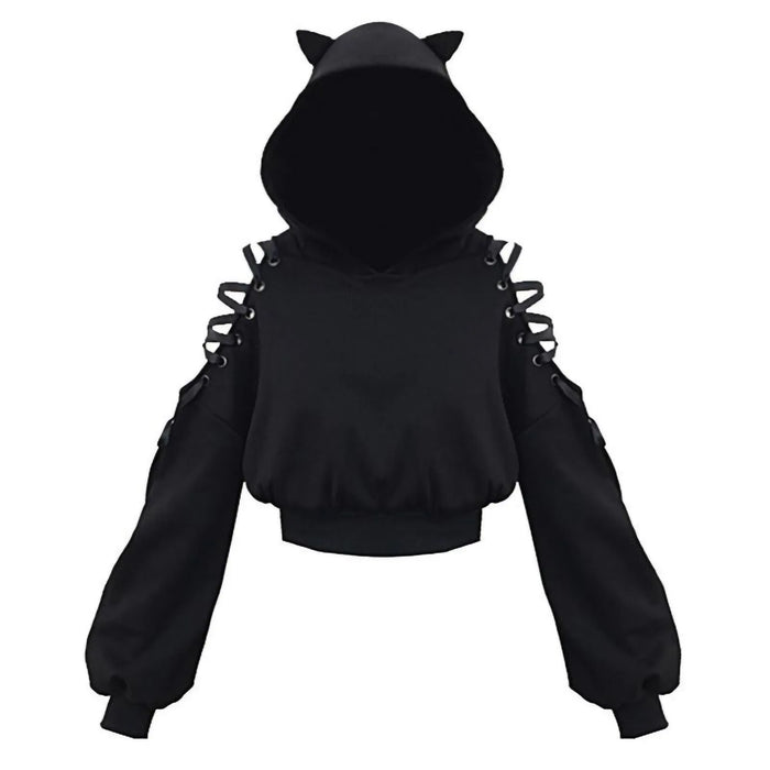 Y2k Gothic Off Shoulder Cat Ear Pullover For Women Hollow-Out Lace Up Sweatshirt Kpop Crop Tops Long Sleeve Hooded Hoodie 2023