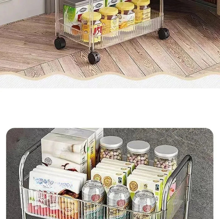 Light Luxury Storage Rack Trolley 2/3/4 Layers Transparent Acrylic Rolling Cart With Removable Hanging Baskets Snacks Bookshelf