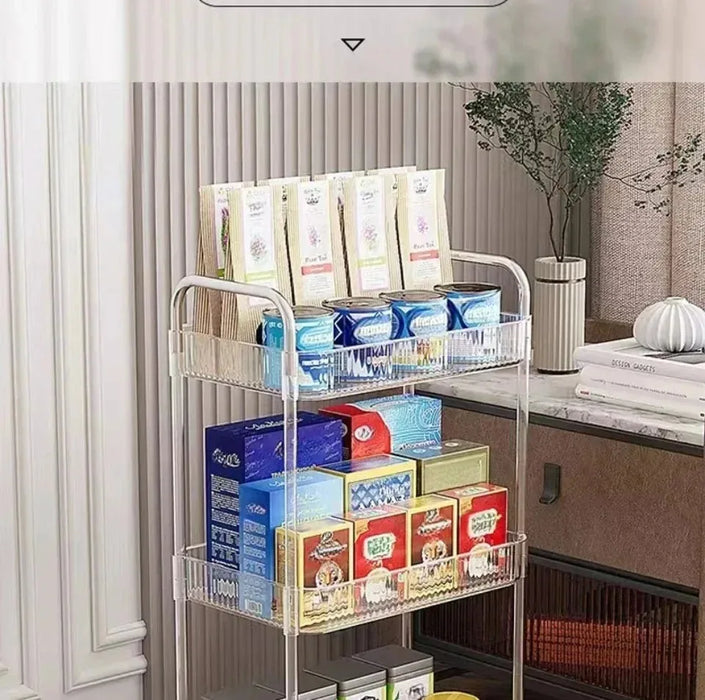 Light Luxury Storage Rack Trolley 2/3/4 Layers Transparent Acrylic Rolling Cart With Removable Hanging Baskets Snacks Bookshelf