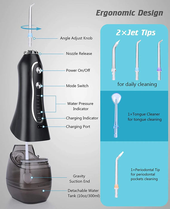 KinseiBeauty Water Flosser Dental Oral Irrigator Teeth Whitenin Portable Dental Flosser USB Rechargeable 5 Modes 300ml Tank