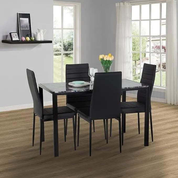 Dining Table and Chairs Set Modern Rectangular Marble Table top with 4 Chairs PU Leather for Dining Room and Kitchen