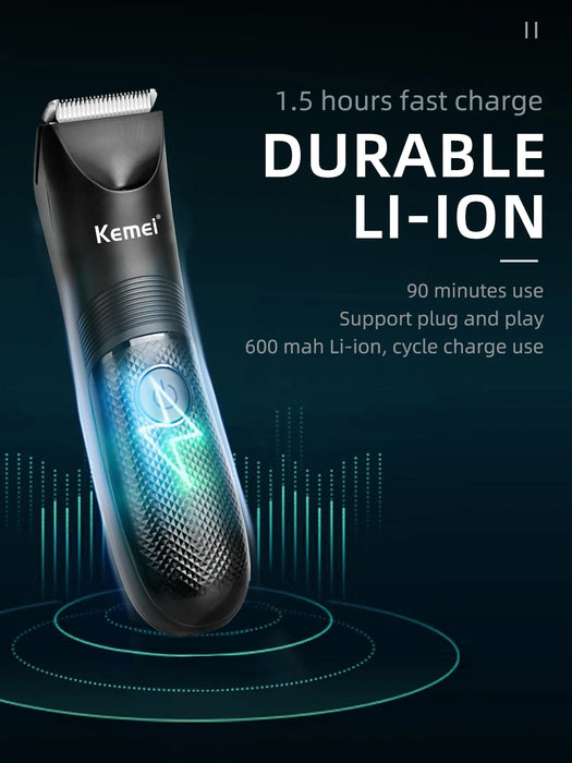 Kemei Electric Hair Clipper Professional Sensitive Area Haircuts Machine IPX7 Waterproof Body Trimmer with Charging Base KM-1838