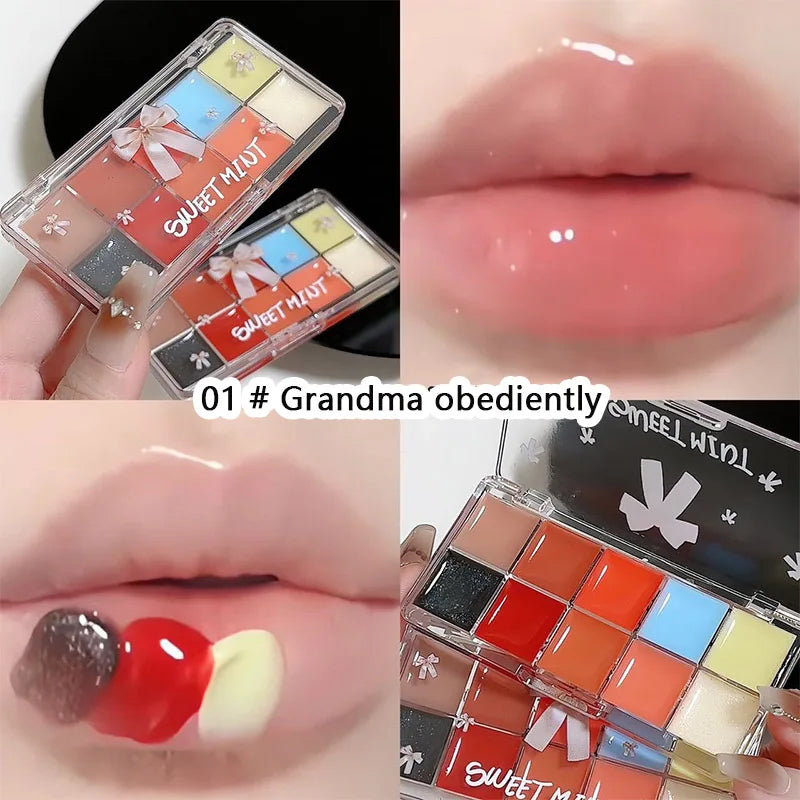 Sweet Mint 10-Color Lip Tint Palette — Natural Hydrating Formula, Non-Transfer Mirror-Gloss Finish,