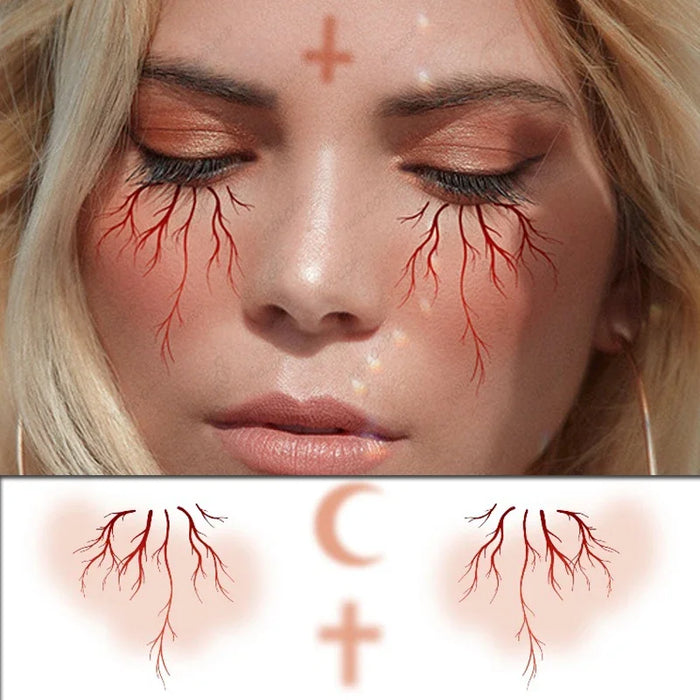 Sticker Fake Tattoos Cross Blood Vessel Moon Butterfly Dots Halloween Party Makeup Temporary Waterproof Face Art for Men Women