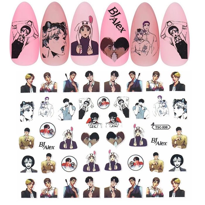 TSC-407 TSC-330 The Love Story of Two Handsome Korean Cartoons  DIY 3D Back glue Nail Art Stickers Decals Sliders