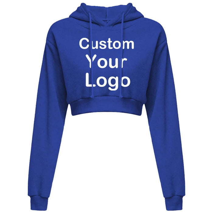 Customized Logo Print  Crop Hoodie Women Spring Autumn Pullovers Ladies Solid Color Drawstring Hooded Full Sleeve Sweatshirt