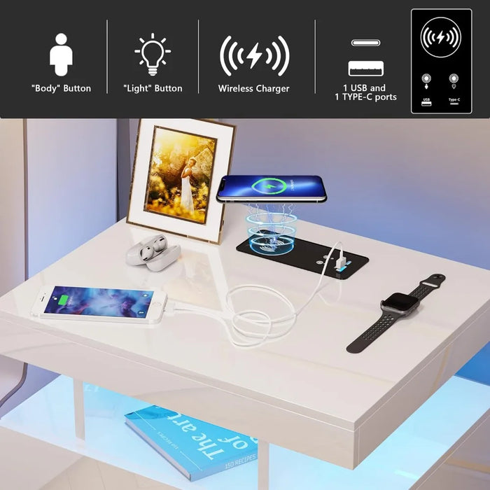 Auto LED Nightstand With Wireless Charging Station & USB Ports Bedside Tables for the Bedroom Furniture Nightstands Mobile Home