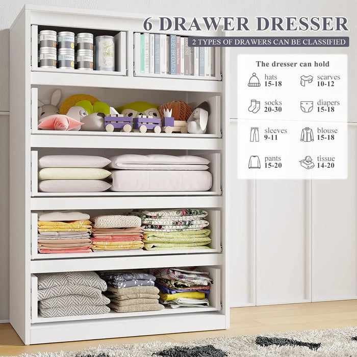 Dresser for Bedroom, White Dresser with 6 Wood Large Drawers, Dressers & Chests of Drawers with Large Organizer