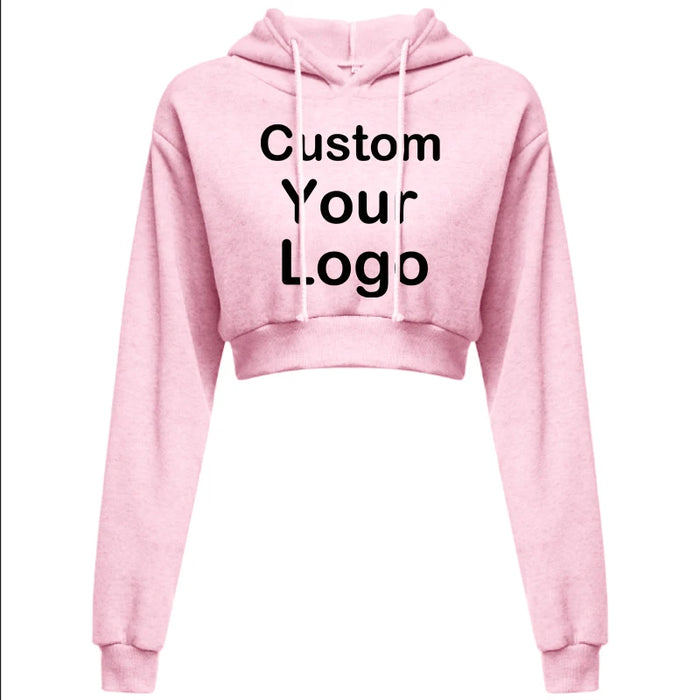 Customized Logo Print  Crop Hoodie Women Spring Autumn Pullovers Ladies Solid Color Drawstring Hooded Full Sleeve Sweatshirt